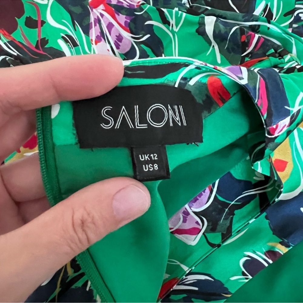 SALONI Green Floral Print EDEN Satin Silk Midi Dres